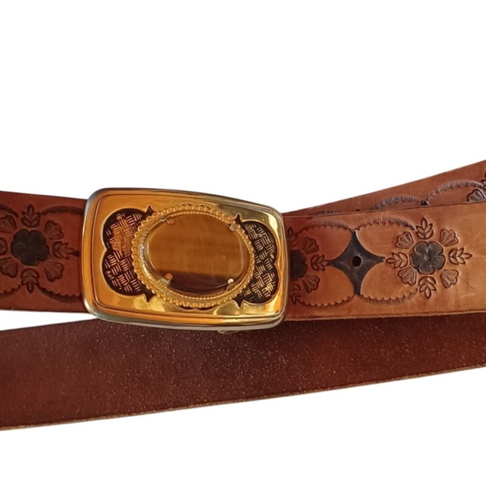 VTG Men's Double J Western Tooled Leather Belt Ornate Tiger's Eye Stone Buckle - Picture 2 of 8